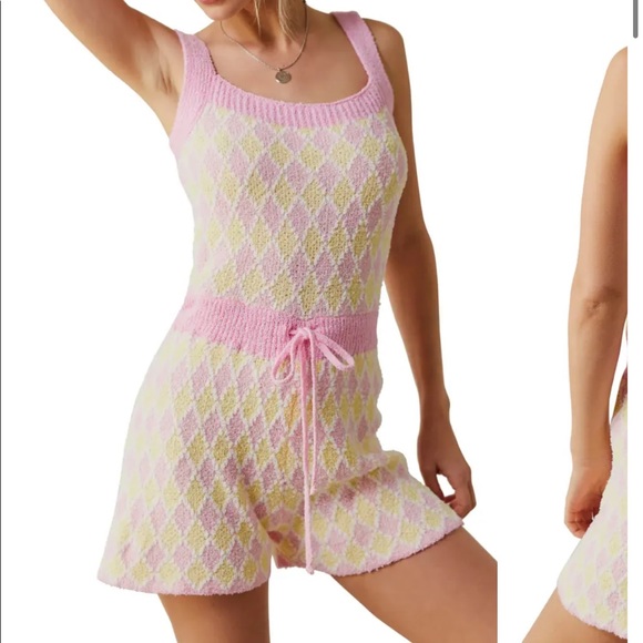 Free People Dream Diamonds Sleep Romper in Pink Combo Size Large - Picture 4 of 13